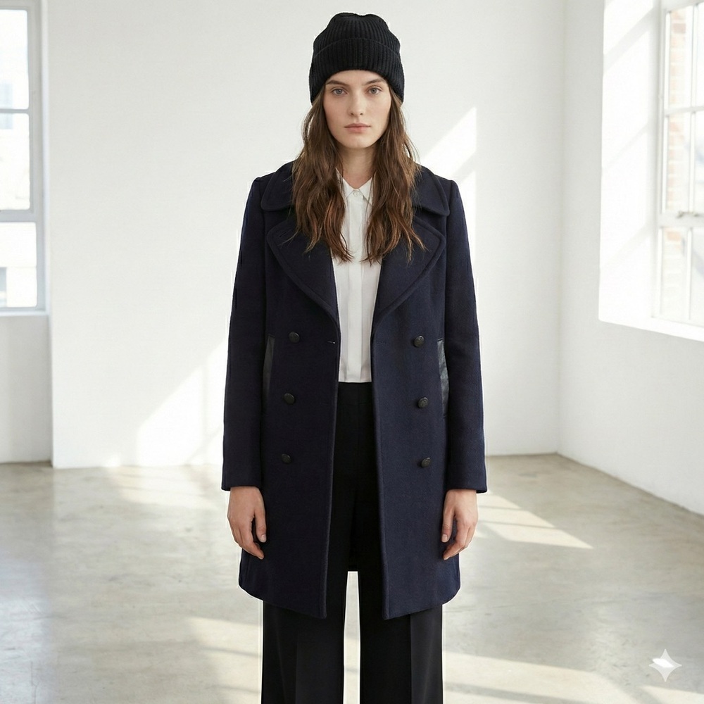Sandro Navy Blue Wool Double Breasted Coat with Black Leather Detail - US 6 (38)